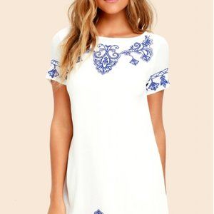 Tale to Tell Blue and Ivory Embroidered Shift Dres
